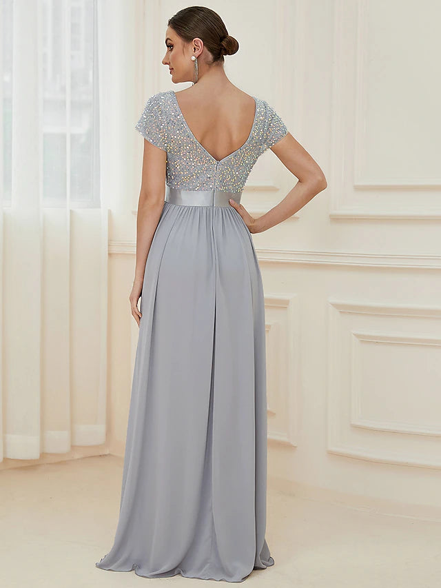 Luolandi A-Line Bridesmaid Dress V Neck Short Sleeve Elegant Floor Length Chiffon